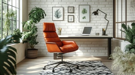 Stylish home office with a cozy desk, plants, and wall art in a modern interior space