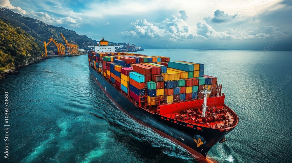Poster A large cargo vessel filled with colorful containers navigates smoothly through serene waters, approaching a busy port with towering cranes and mountainous terrain in the background.