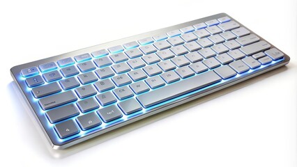 Modern aluminum keyboard is glowing on a white tabletop