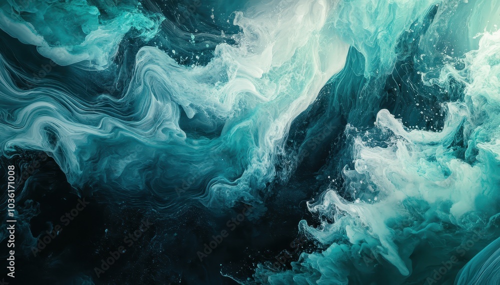 Poster dynamic abstract ocean waves with swirling patterns in vibrant teal and white colors