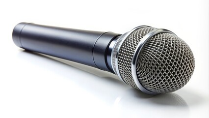 Sleek and modern microphone is lying on a reflective surface, ready to amplify sound and capture audio
