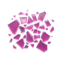 Colorful pieces of pink broken glass scattered on a transparent surface, creating an artistic display of shards reflecting light