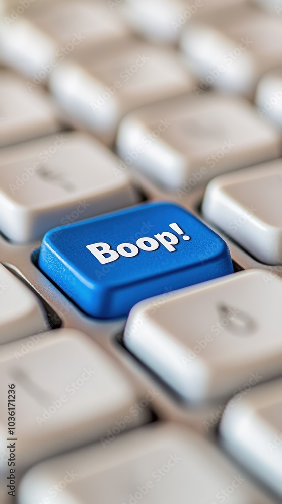Poster blue 'boop!' key stands out on a keyboard, adding a playful touch to technology, ai