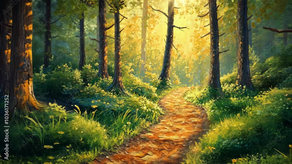 Aufkleber a winding path leads through a dense forest, sunlight filtering through the trees and illuminating t