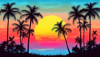 Colorful sunset over palm trees on a tropical beach in the evening sky