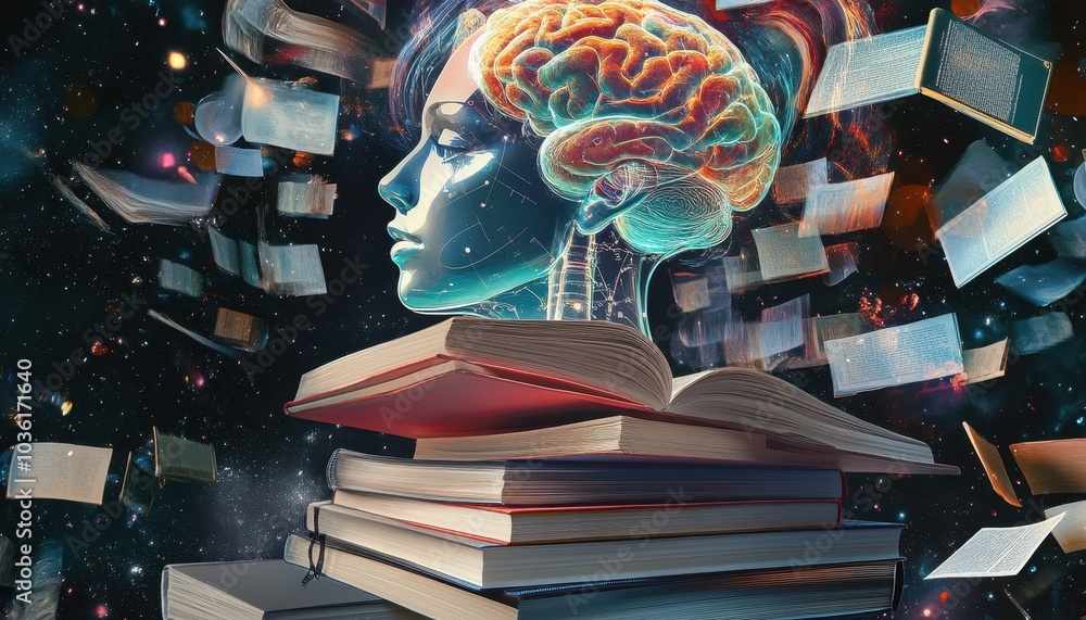 Aufkleber a surreal blend of technology and knowledge with a brain emerging from books