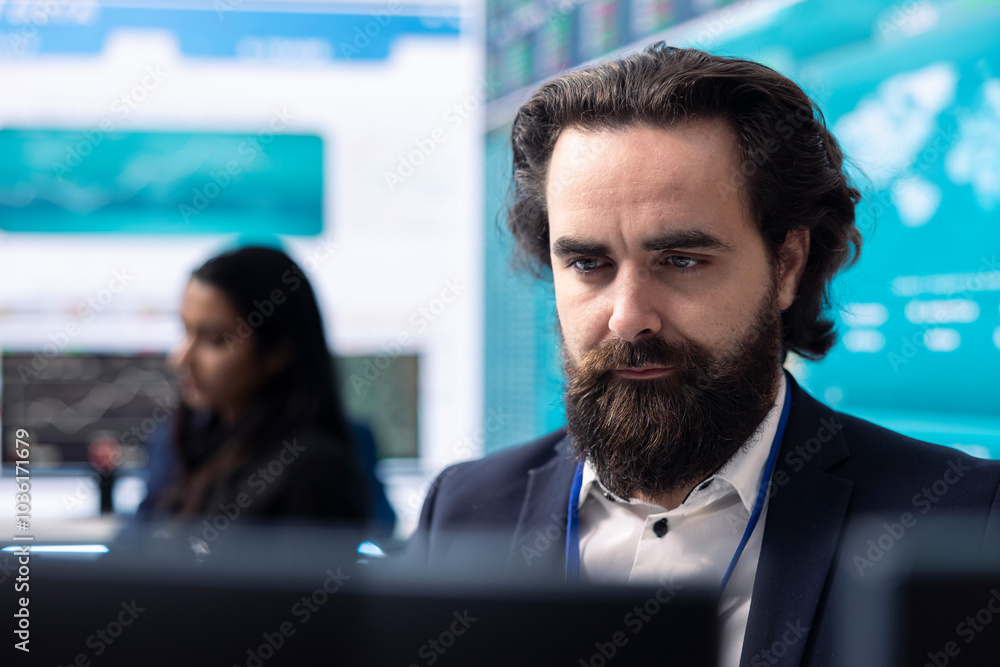 Poster ceo reviewing business activity numbers on annual reports in control room, examining progress status
