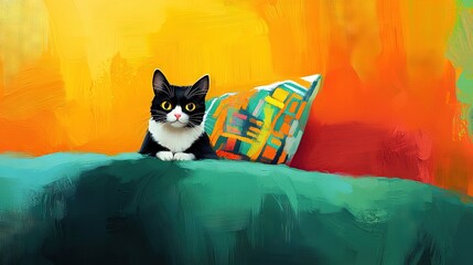   Black-and-white feline perched atop green sofa with adjacent cushion on warm yellow-orange backdrop