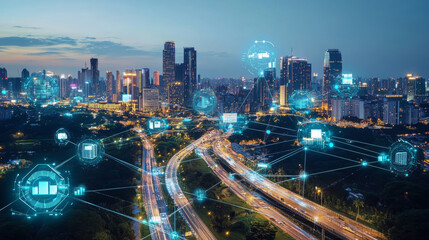 Fototapeta premium Smart cities use advanced technology like 5G and LPWA to connect everything and improve communication. This allows for better services and a more efficient way of life.