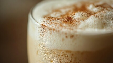  A glass containing a frothy drink