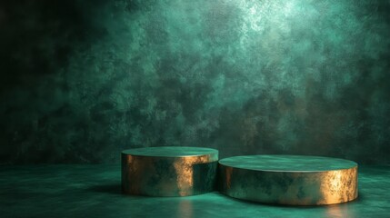 The scene showcases two circular podiums of varying heights positioned on a smooth surface, illuminated by soft lighting against an artistic green texture.