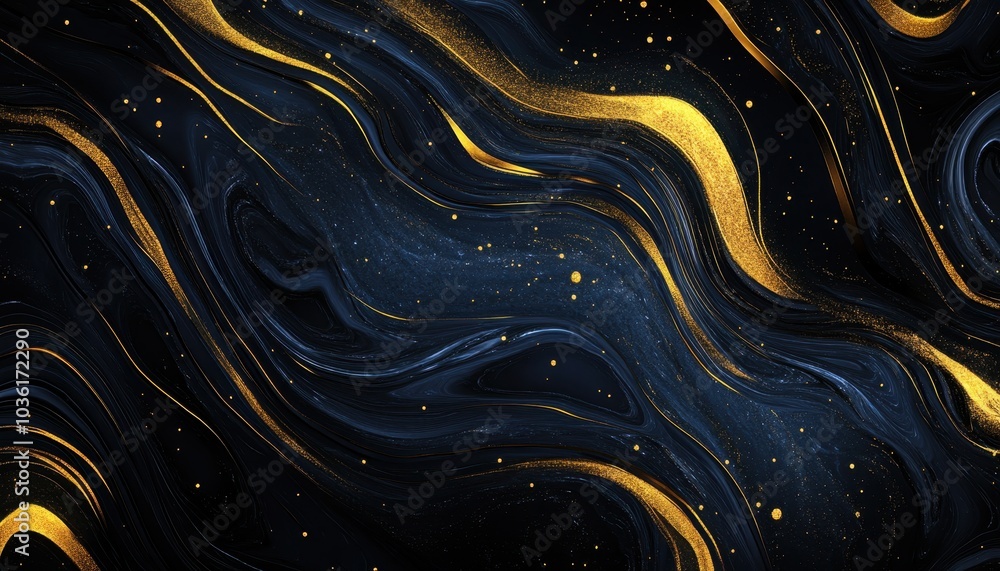 Poster elegant black and gold abstract design with flowing patterns and shimmering accents