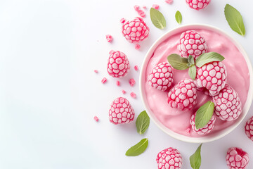 A bowl of creamy raspberry yogurt is adorned with scattered mint leaves and fresh raspberries, showcasing a delightful and refreshing culinary treat