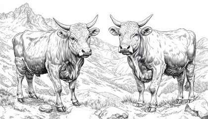 Cattle standing on a mountainside with majestic hills in the background