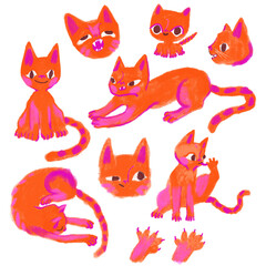 Set of funny cartoon-illustrated ginger cats with emotions in various poses, licking, and stretching isolated.