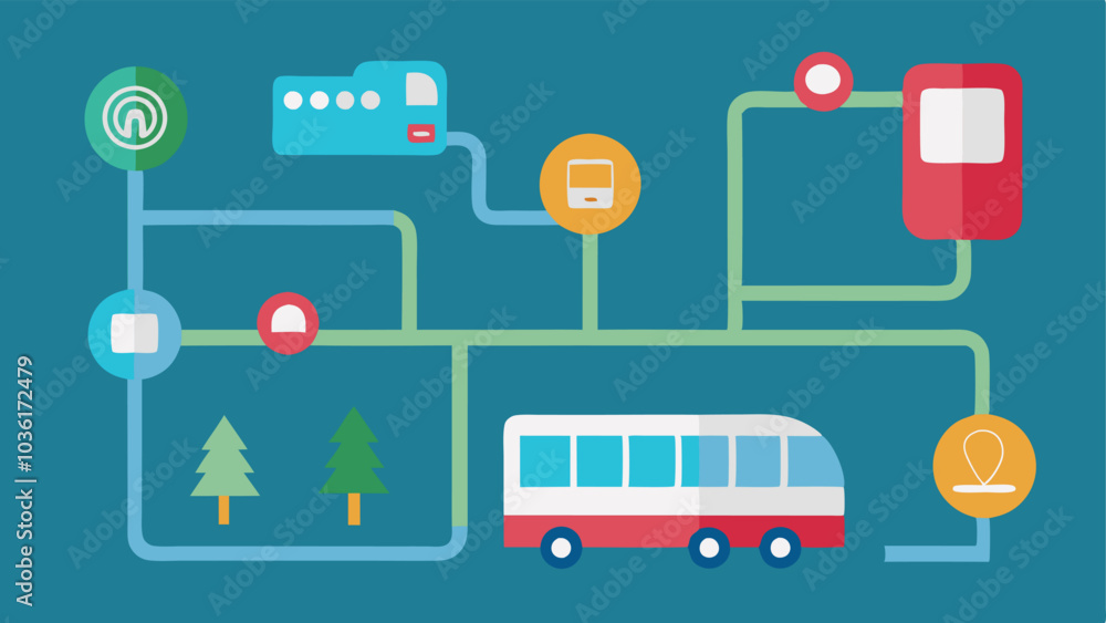 Poster transit map with symbols a simplified transit map outlining bus and train routes featuring symbols i