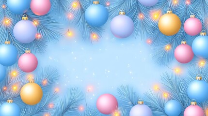Festive Holiday Background with Colorful Ornaments and Pine Branches for Seasonal Celebrations and Decorations