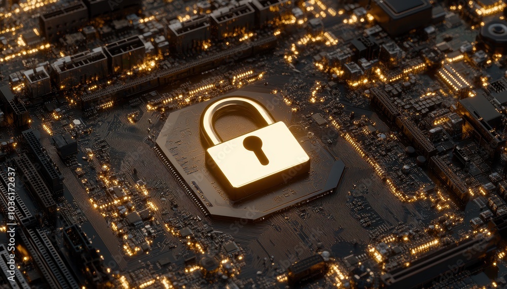 Poster golden padlock secured on a circuit board representing digital security concepts