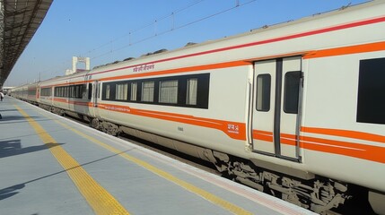 Obraz premium A white and orange train with the doors open sits on a platform, waiting for passengers.