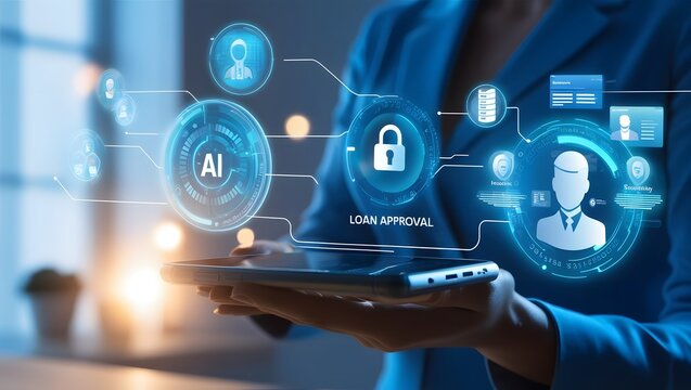 Cutting-edge AI loan approval interface, floating holographic elements showing data security and customer profiles.