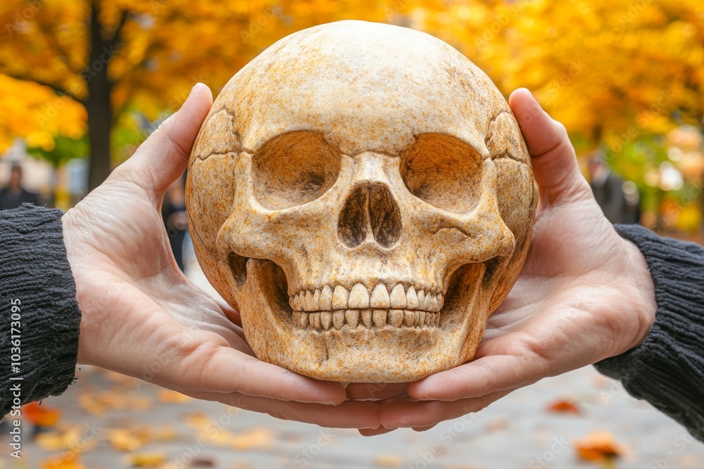 Poster hands holding a human skull in an autumn forest setting creating a haunting and reflective atmospher