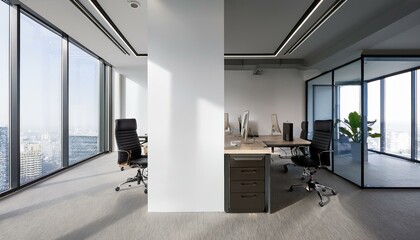 Modern office corner with window and blank wall for creative mockup space. 3D Rendering
