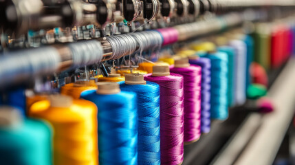 Spools of colorful thread for making clothes on large machines.