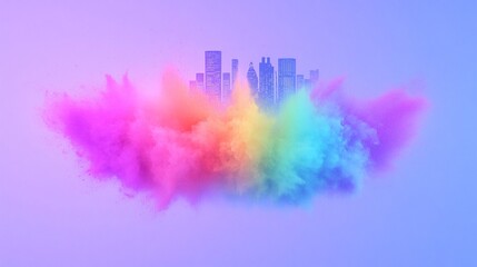 Fototapeta premium City skyline emerging through colorful smoke cloud, abstract urban concept, vibrant multicolor design, surreal cityscape, modern creative art on purple background