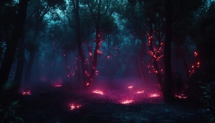 Ethereal forest glowing with vibrant pink embers during twilight hours