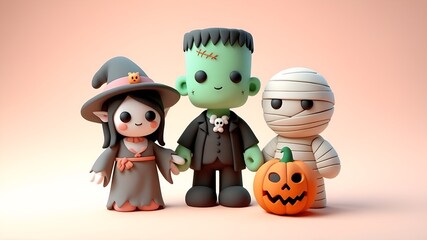 3d render cute clay frankenstein, witch and mummy for halloween poster 