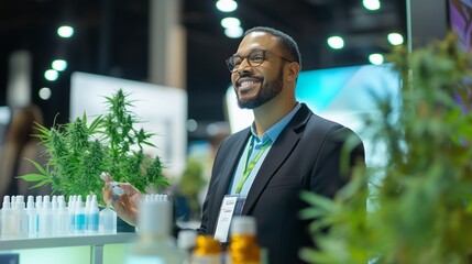 An entrepreneur showing off innovative cannabis products at an industry conference
