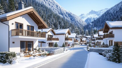 A picturesque small town comes alive with Christmas decorations, as people stroll through the snow-covered streets amid the scenic mountains