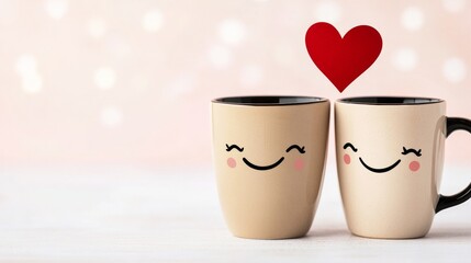 Two mugs with smiling faces. Between them hangs a small red heart on a light pink polka dot background.