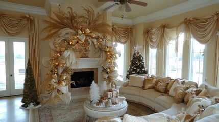 Luxurious living room interior with a fireplace, gifts and a Christmas tree decorated with golden balls and garlands, creating a festive and cozy holiday atmosphere.