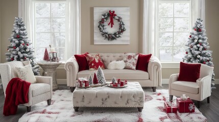 Obraz premium Luxurious living room interior with a fireplace, gifts and a Christmas tree decorated with golden balls and garlands, creating a festive and cozy holiday atmosphere.