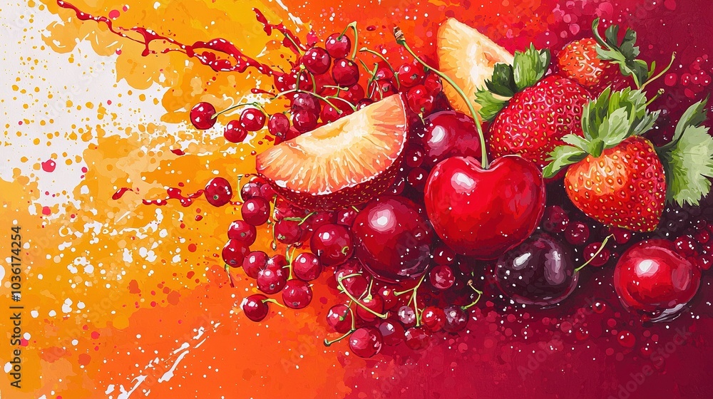 Canvas Prints   A painting featuring cherries, strawberries, and pineapples against a backdrop of red, yellow, and orange