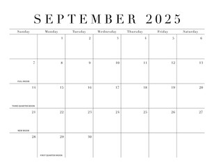 September 2025 Elegant Month Calendar Grid for North America, transparent background