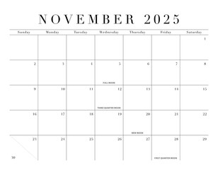 November 2025 Elegant Month Calendar Grid for North America, transparent background