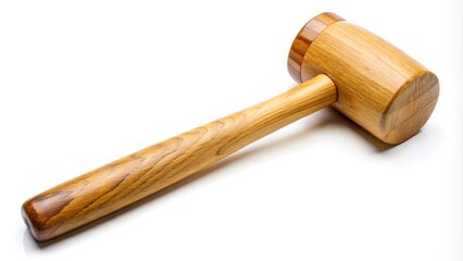 Polished wooden mallet is laying on a white surface