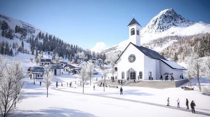 Fototapeta premium A picturesque small town comes alive with Christmas decorations, as people stroll through the snow-covered streets amid the scenic mountains