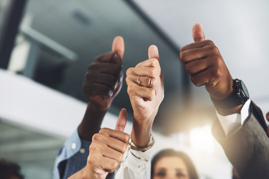Business people, hands and thumbs up in office for agreement, achievement or collaboration with support. Employees, trust and approval gesture in workplace for thank you, teamwork or success feedback