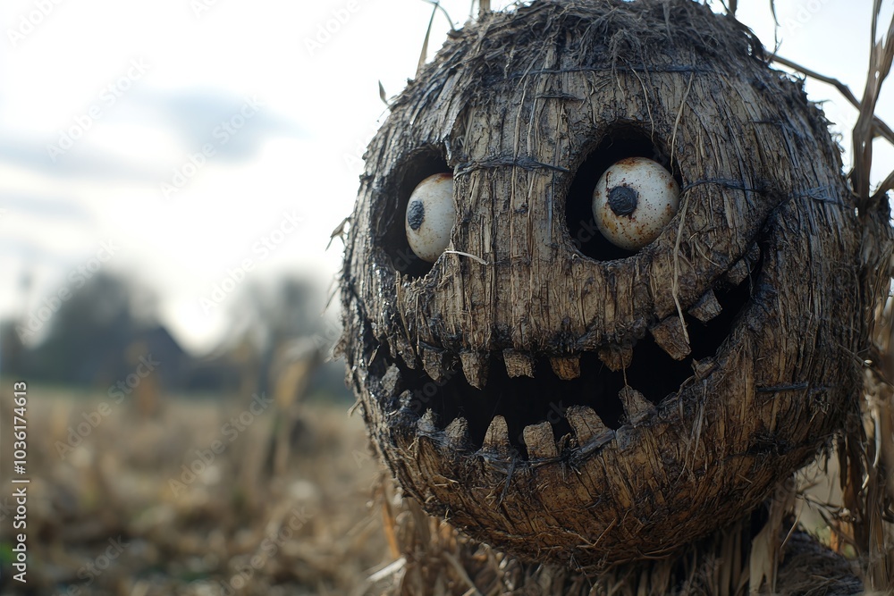Poster creepy scarecrow with large round eyes standing in a foggy field creating a spooky and unsettling ha