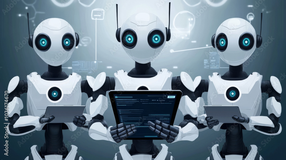 Poster the engineer manages robots using a tablet, controlling them with software and connecting to a netwo