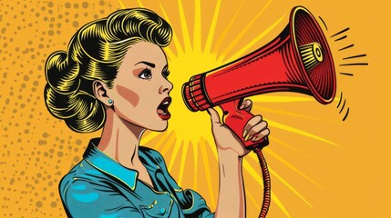 Retro pop art style vector illustration of a woman with a loudspeaker, announcing a discount. Colorful, energetic design perfect for banners