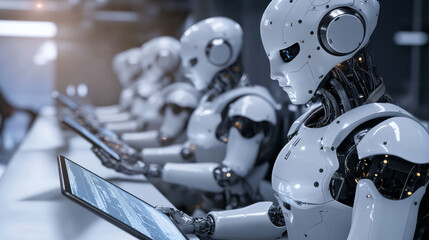 Fototapeta premium The engineer manages robots using a tablet, controlling them with software and connecting to a network. The robots are automated and powered by artificial intelligence.