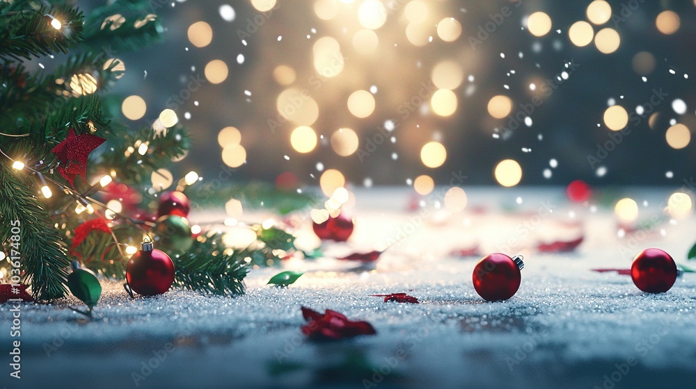 Wall mural  A close-up photo of a Christmas tree with several ornaments scattered on the ground, highlighting its beauty against a backdrop of twinkling holiday