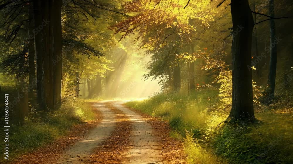 Poster a path winds through a forest, sunlight filtering through the trees, creating a magical atmosphere