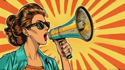 Retro pop art style vector illustration of a woman with a loudspeaker, announcing a discount. Colorful, energetic design perfect for banners