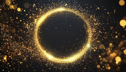 Golden sparkling circle with shimmering particles on a dark background at night