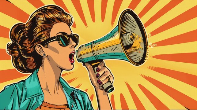 Retro pop art style vector illustration of a woman with a loudspeaker, announcing a discount. Colorful, energetic design perfect for banners - Powered by Adobe